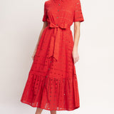 POWER SCARLET WOVEN EYELET MIDI DRESS, Flying Tomato (online only)