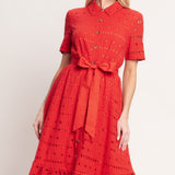 POWER SCARLET WOVEN EYELET MIDI DRESS, Flying Tomato (online only)