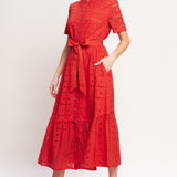 POWER SCARLET WOVEN EYELET MIDI DRESS, Flying Tomato (online only)