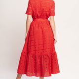POWER SCARLET WOVEN EYELET MIDI DRESS, Flying Tomato (online only)