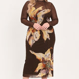 MOCHA MYSTIQUE DARK BROWN PRINTED MESH MIDI DRESS, Flying Tomato (online only)