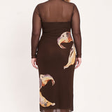 MOCHA MYSTIQUE DARK BROWN PRINTED MESH MIDI DRESS, Flying Tomato (online only)