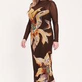 MOCHA MYSTIQUE DARK BROWN PRINTED MESH MIDI DRESS, Flying Tomato (online only)