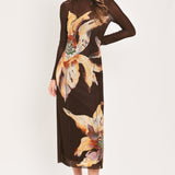 MOCHA MYSTIQUE DARK BROWN PRINTED MESH MIDI DRESS, Flying Tomato (online only)