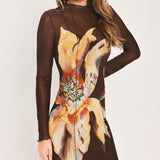 MOCHA MYSTIQUE DARK BROWN PRINTED MESH MIDI DRESS, Flying Tomato (online only)