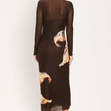 MOCHA MYSTIQUE DARK BROWN PRINTED MESH MIDI DRESS, Flying Tomato (online only)