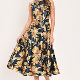 NAVY SONNET NAVY PRINTED BELTED CIRCLE-SKIRT MIDI DRESS , Flying Tomato (online only)