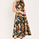 NAVY SONNET NAVY PRINTED BELTED CIRCLE-SKIRT MIDI DRESS , Flying Tomato (online only)