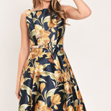 NAVY SONNET NAVY PRINTED BELTED CIRCLE-SKIRT MIDI DRESS , Flying Tomato (online only)