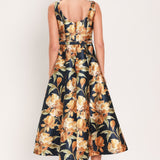 NAVY SONNET NAVY PRINTED BELTED CIRCLE-SKIRT MIDI DRESS , Flying Tomato (online only)