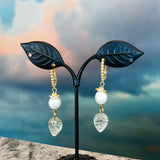 Zhanna Jewelry. Pearl and green carved amethyst leaf earrings