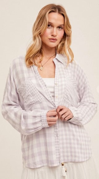 Oversized Long Sleeved Button Down Lavender Plaid Shirt, by Hem and Thread