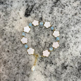 Zhanna Jewelry, Mother of Pearl Clover leaf link with aquamarine bead
