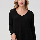 V Neck Waffle Long Sleeve Top, Hashttag