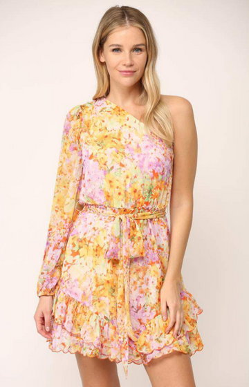 Floral Print One Shoulder Scallop Hem Dress, Fate by LFD