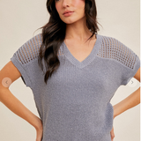 V-neck Open Knit Back Sweater Top, Hem and Thread