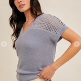 V-neck Open Knit Back Sweater Top, Hem and Thread
