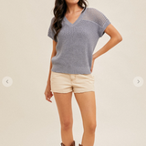 V-neck Open Knit Back Sweater Top, Hem and Thread