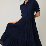 Puff Half Sleeve Button Down Tiered Midi Dress by LE LIS