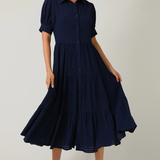 Puff Half Sleeve Button Down Tiered Midi Dress by LE LIS