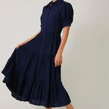 Puff Half Sleeve Button Down Tiered Midi Dress by LE LIS