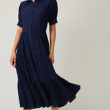 Puff Half Sleeve Button Down Tiered Midi Dress by LE LIS