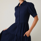Puff Half Sleeve Button Down Tiered Midi Dress by LE LIS
