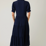 Puff Half Sleeve Button Down Tiered Midi Dress by LE LIS