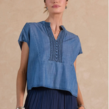 Current Air - Chambray Short Sleeve Blouse with Embroidery
