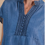 Current Air - Chambray Short Sleeve Blouse with Embroidery