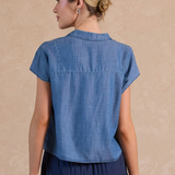 Current Air - Chambray Short Sleeve Blouse with Embroidery