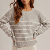 Stripe Cable Knit Round Neck Sweater Pullover, Hem & Thread