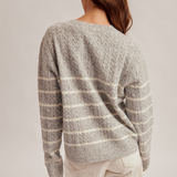 Stripe Cable Knit Round Neck Sweater Pullover, Hem & Thread