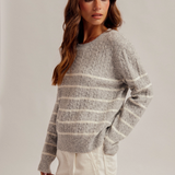 Stripe Cable Knit Round Neck Sweater Pullover, Hem & Thread