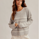 Stripe Cable Knit Round Neck Sweater Pullover, Hem & Thread