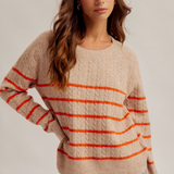 Stripe Cable Knit Round Neck Sweater Pullover, Hem & Thread