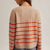 Stripe Cable Knit Round Neck Sweater Pullover, Hem & Thread