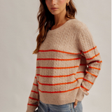 Stripe Cable Knit Round Neck Sweater Pullover, Hem & Thread