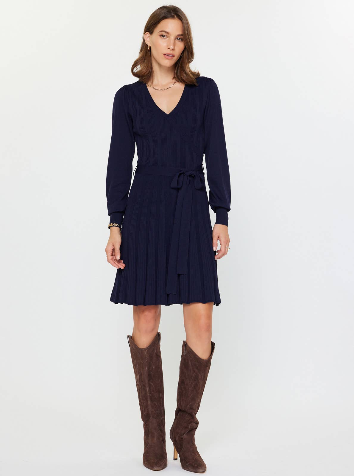 Current Air - Pleated Sweater Mini Dress W/waist Tie