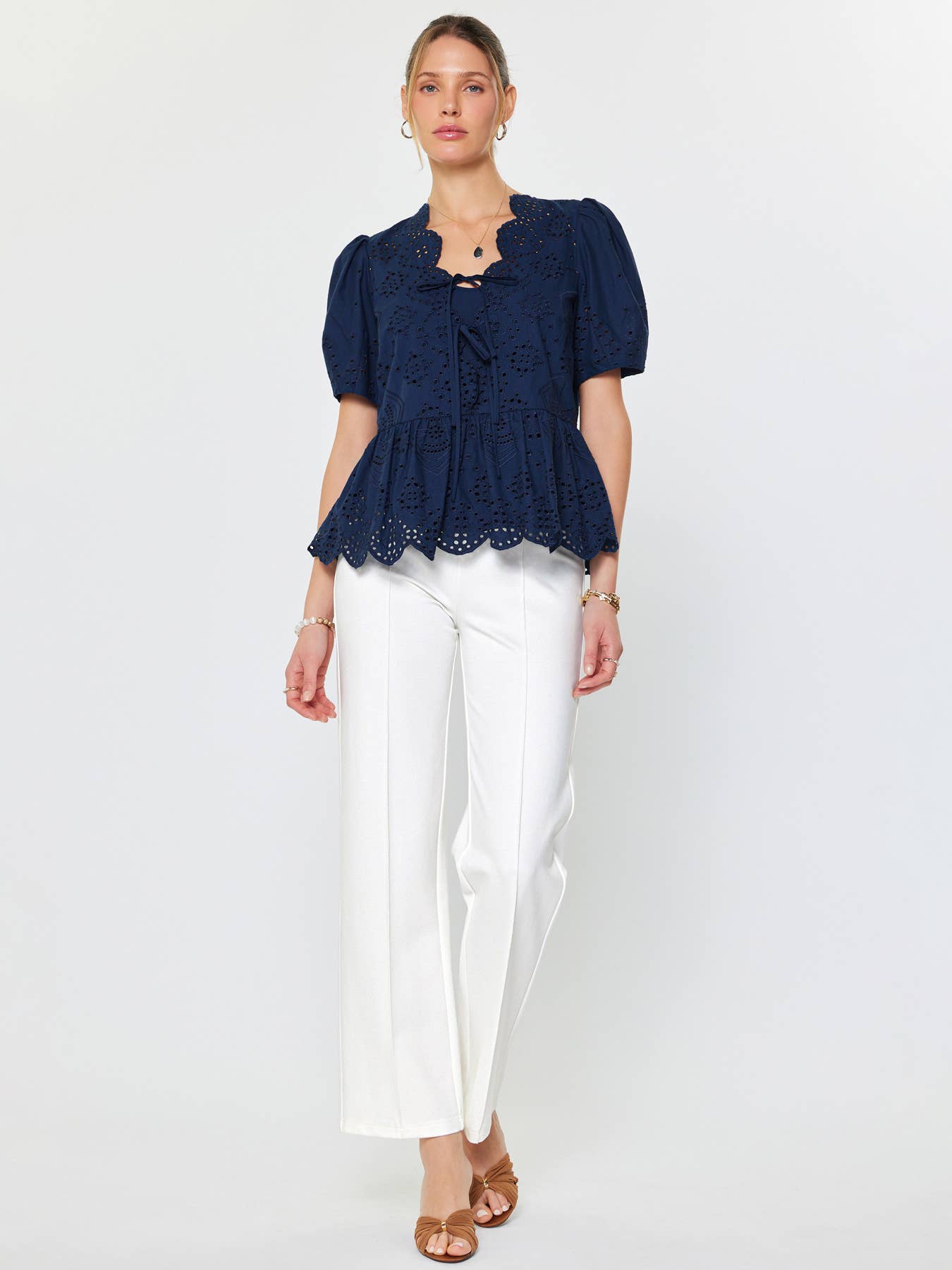 Current Air - Tie Front Eyelet Embroidered Blouse