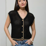 Moon River - CONTRAST STITCH CROCHET KNIT SHORT SLEEVE CARDIGAN