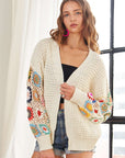 ADORA Plus Size Contrast Crochet Open Front Long Sleeve Cardigan