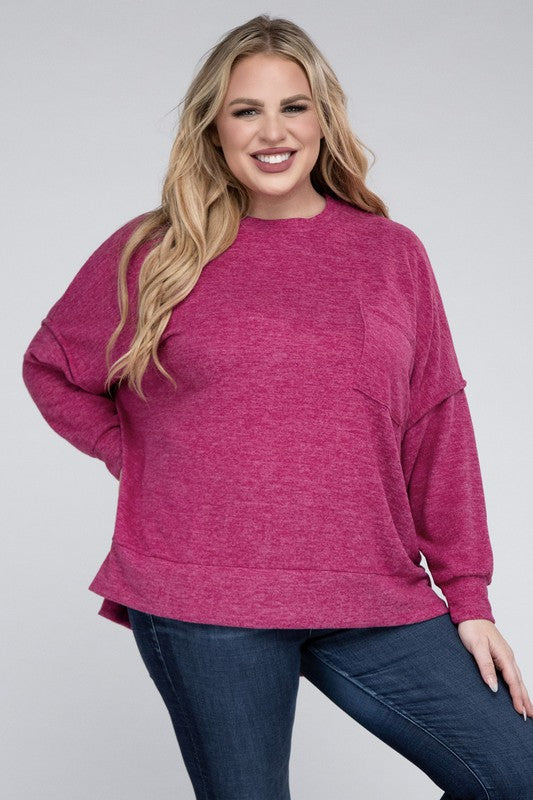 Brushed Melange Drop Shoulder Sweater, Various Colors, Zenana (Plus only)