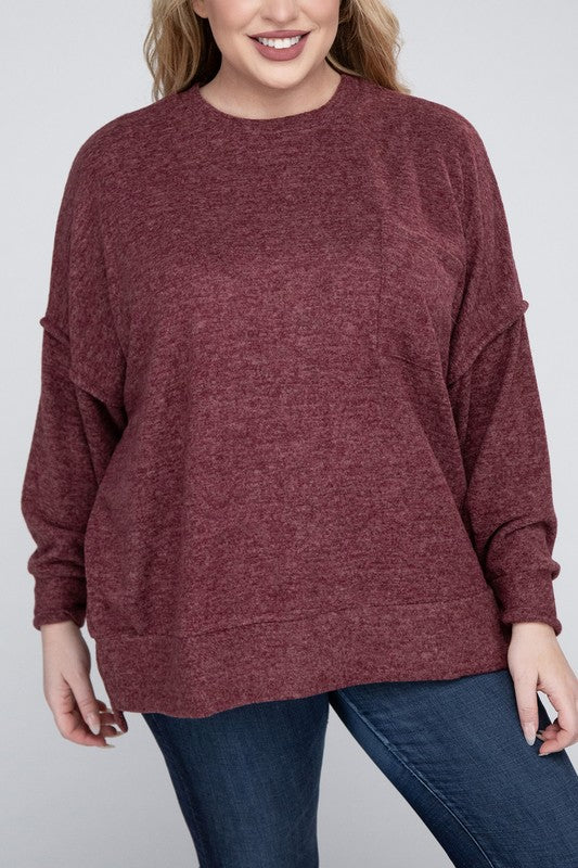 Brushed Melange Drop Shoulder Sweater, Various Colors, Zenana (Plus only)