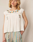 En Crème - Cap Sleeve Floral Embroidered Blouse