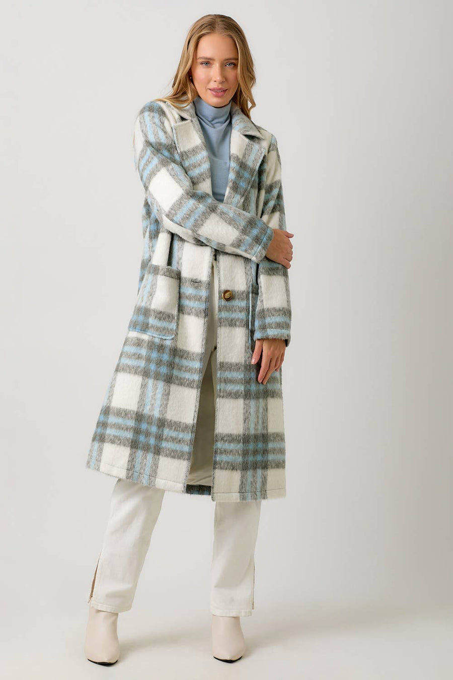 Mystree Fuzzy Plaid Long Coat