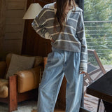 By Together -Knit Sweater Striped Collar V-Neck Long Sleeve Top