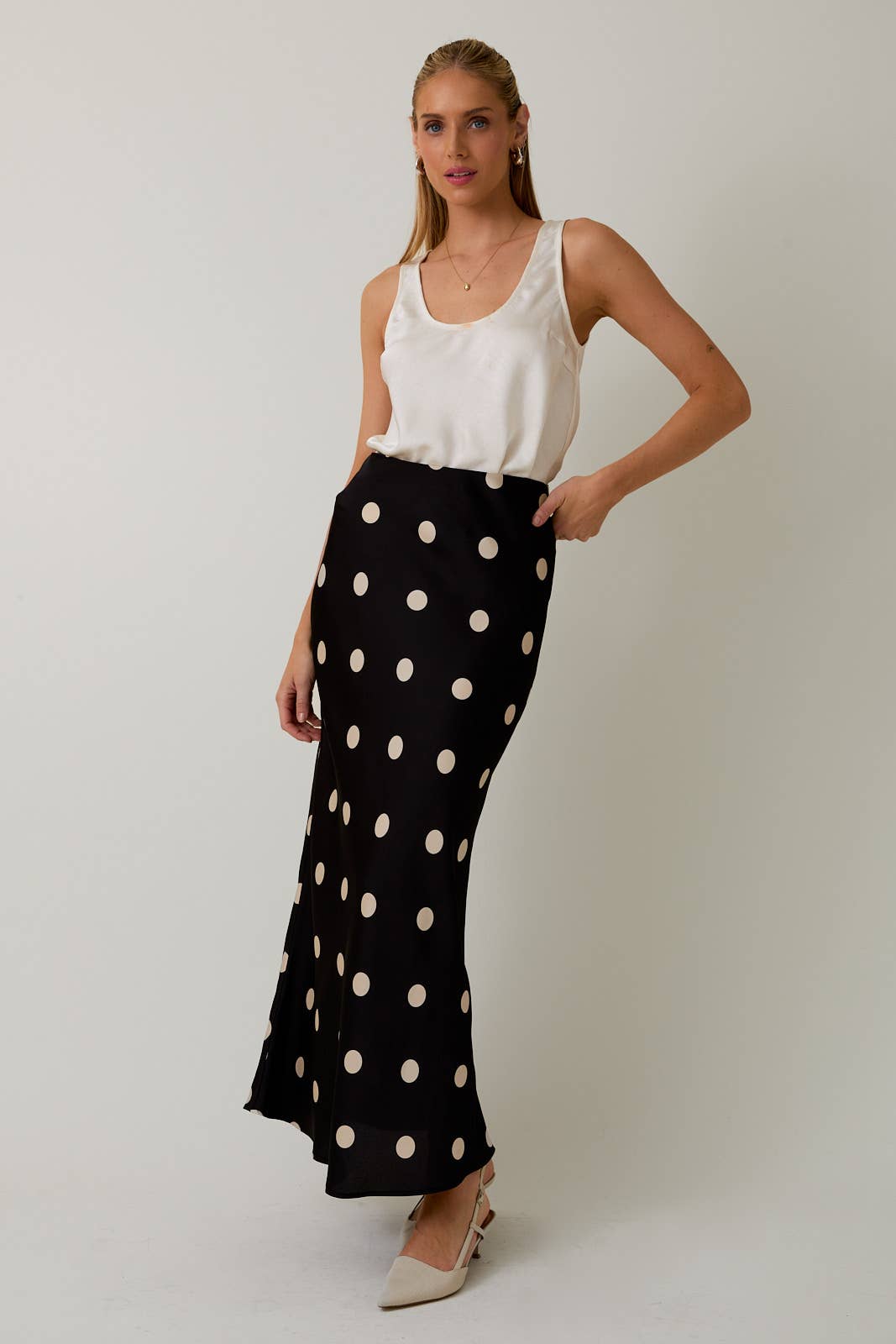 Sunday Edition by LE LIS - Satin Midi Skirt in Polka Dot
