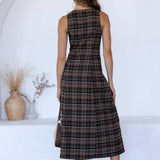 STORIA - BROWN & BLACK PLAID BUTTON-FRONT MIDI DRESS