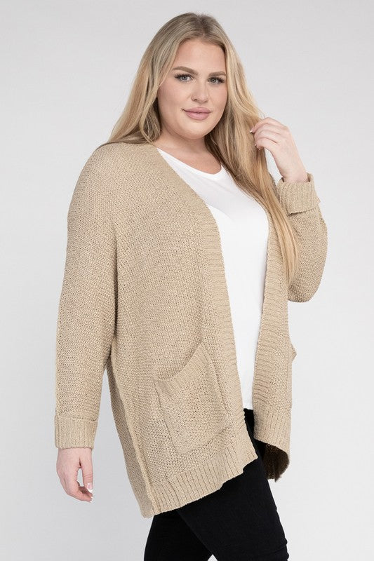 Ribbed Knit Open Front Cardigan (Various Colors), eesome (Plus Only)